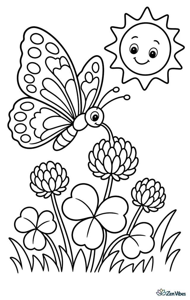 A painted lady butterfly hovers above clover blossoms, reaching toward nectar while rounded clover leaves, a patch of grass, and a smiling sun fill the meadow.