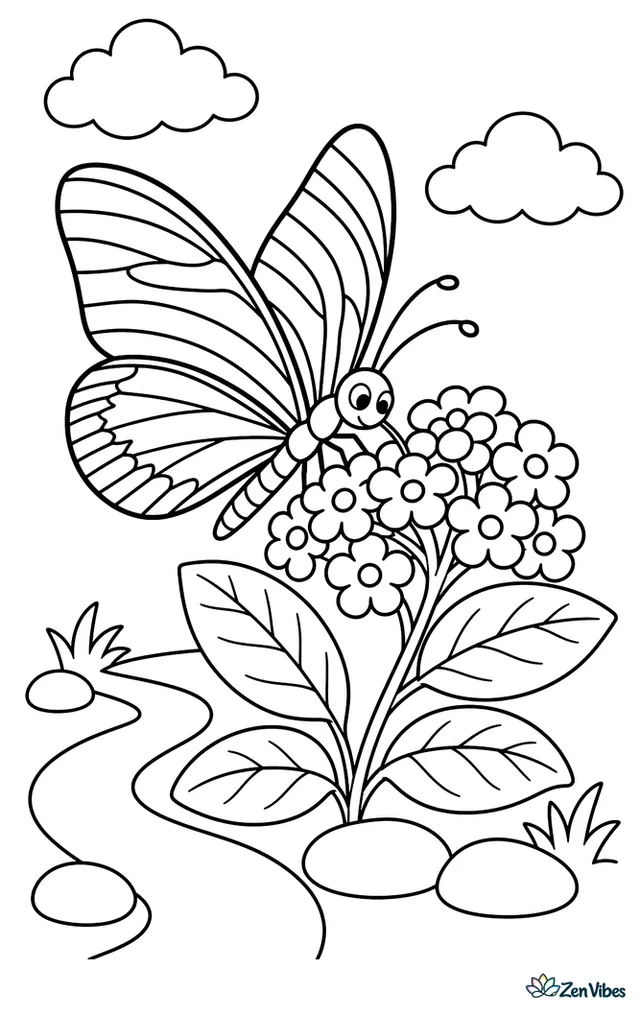 A zebra longwing butterfly visits a cluster of lantana flowers, fluttering above oval leaves as a curved path, garden stones, and two puffy clouds sit nearby.