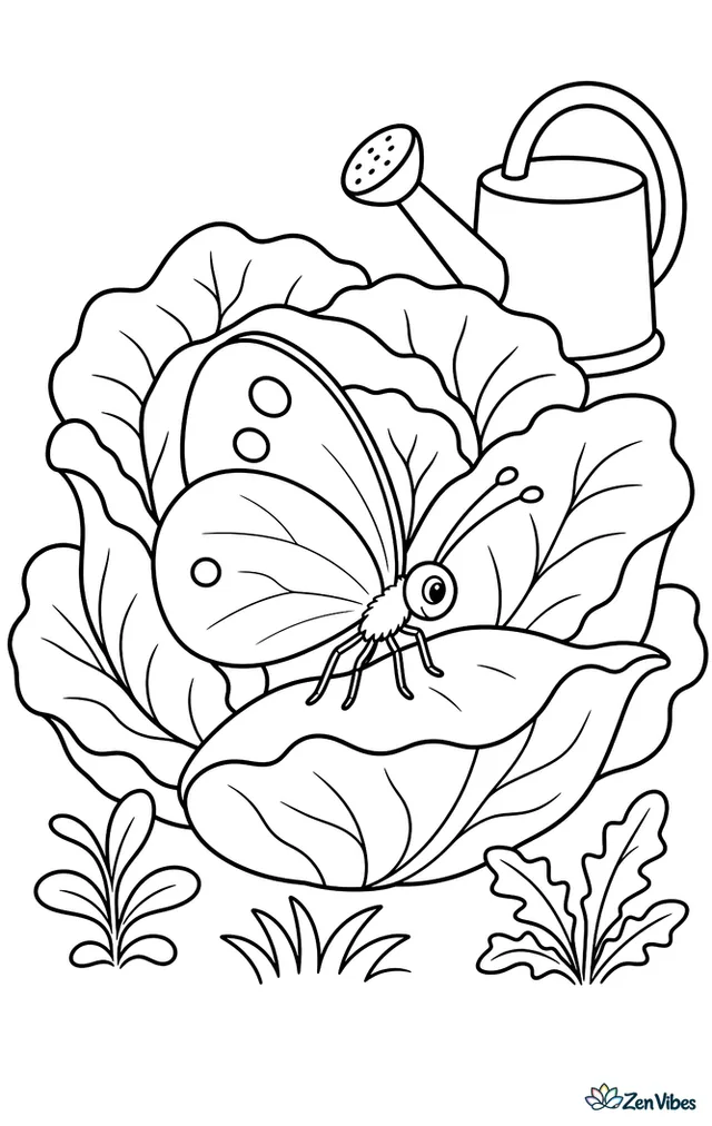 A cabbage white butterfly explores a cabbage patch, resting on a broad leaf while curled edges, small weeds, and a watering can create a simple backyard scene.