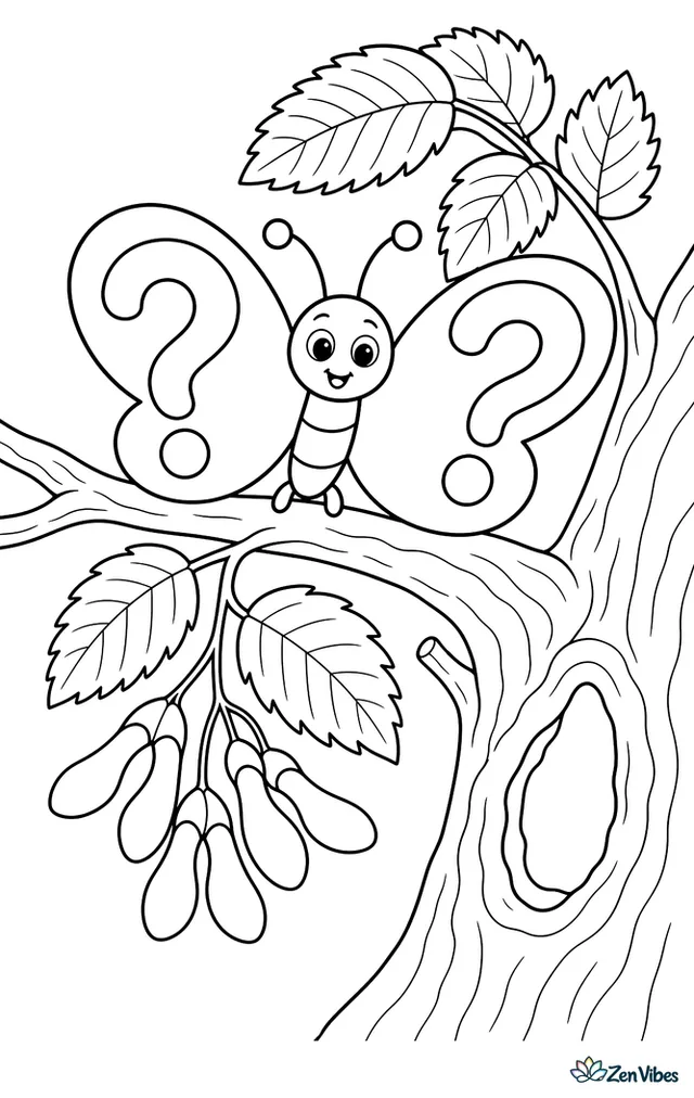 A question mark butterfly lands on an elm branch, wings spread beside layered leaves, hanging seed pods, and a hollow tree trunk in a calm woodland corner.