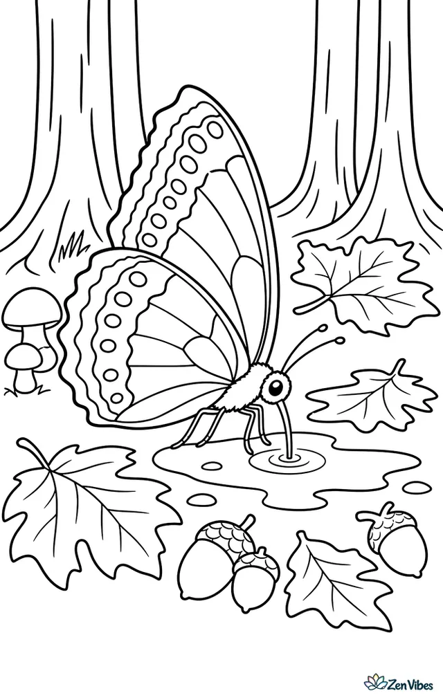 A mourning cloak butterfly drinks from a shallow puddle on a forest trail, surrounded by fallen maple leaves, acorns, and low mushrooms beneath tall tree trunks.