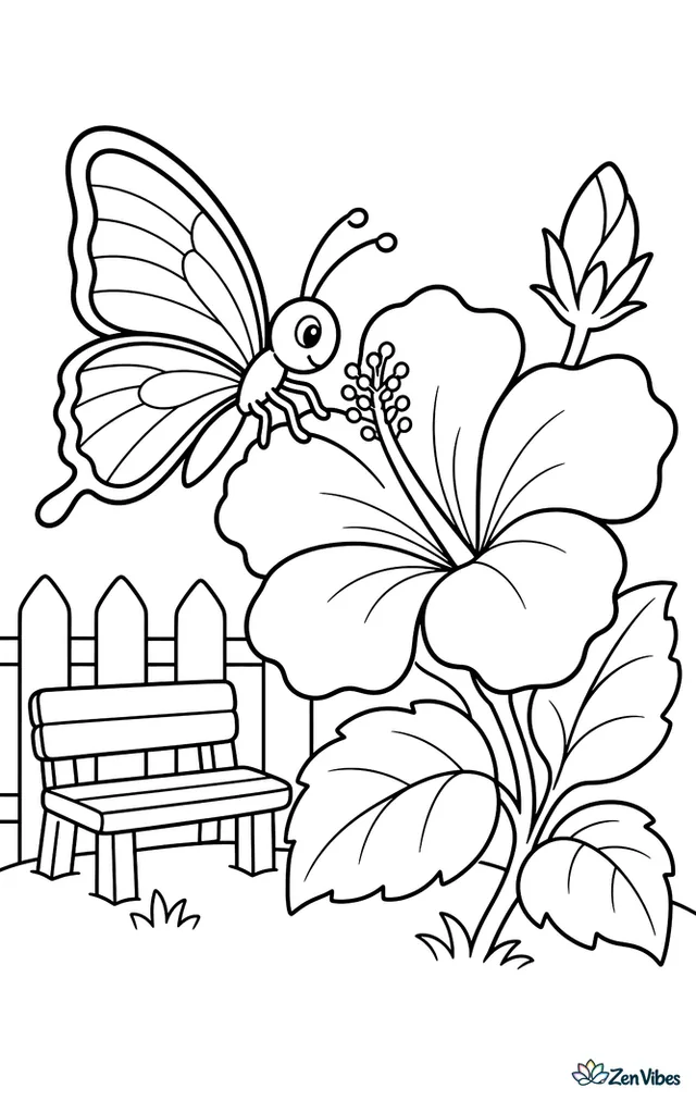 An orange julia butterfly hovers at a hibiscus flower, reaching into the petals while glossy leaves, a small garden bench, and a picket fence decorate the yard.