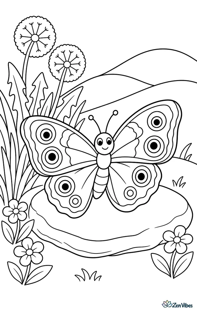 A common buckeye butterfly warms itself on a flat stone beside tall grass, with dandelion puffs, tiny flowers, and rolling hills stretching into the background.