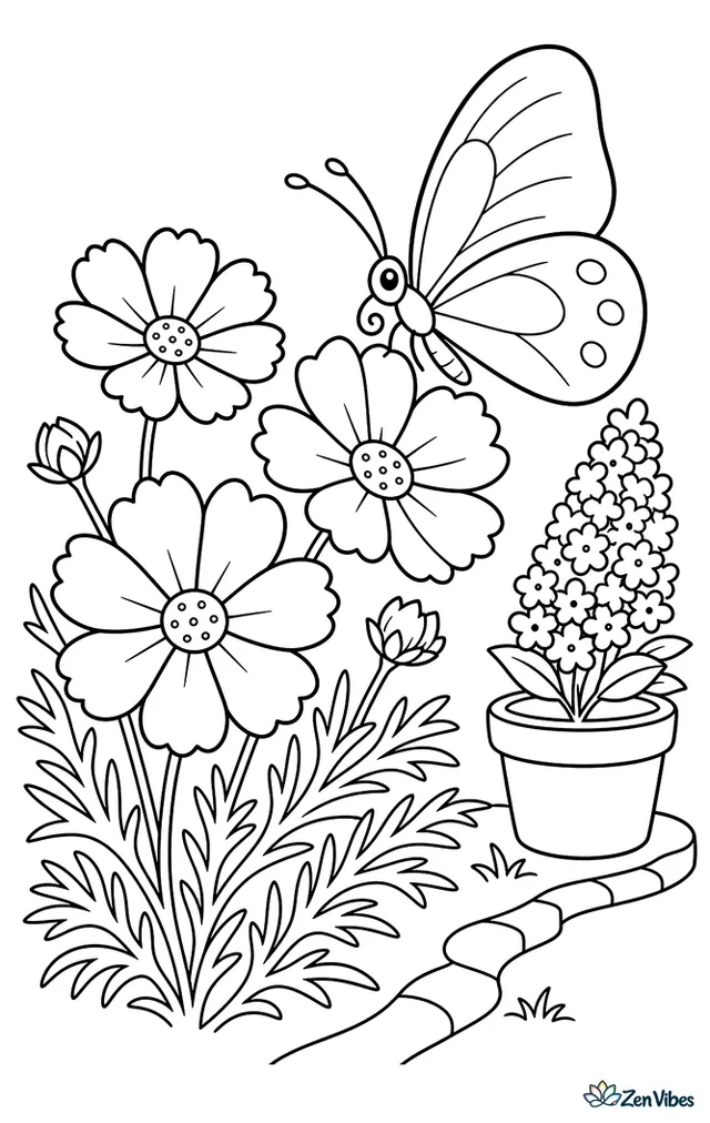 A cloudless sulphur butterfly visits bright cosmos flowers, drifting above feathery foliage as a butterfly bush, a clay pot, and a winding garden border appear nearby.