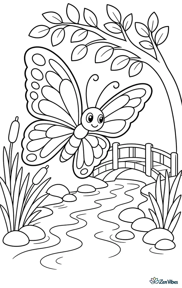 A malachite butterfly glides beside a narrow stream, passing reeds and smooth river stones while arching branches and a wooden footbridge cross the peaceful water.