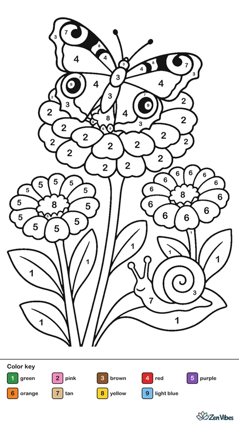 A peacock butterfly rests on a zinnia blossom, showing its eye spots while layered petals, a striped garden snail, and leafy stems fill the flower bed.