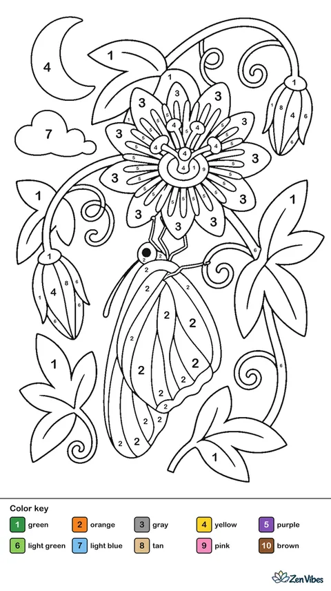 An orange julia butterfly hangs beneath a passionflower vine at dusk, wings folded while curling tendrils, unopened buds, and a crescent moon decorate the quiet garden.