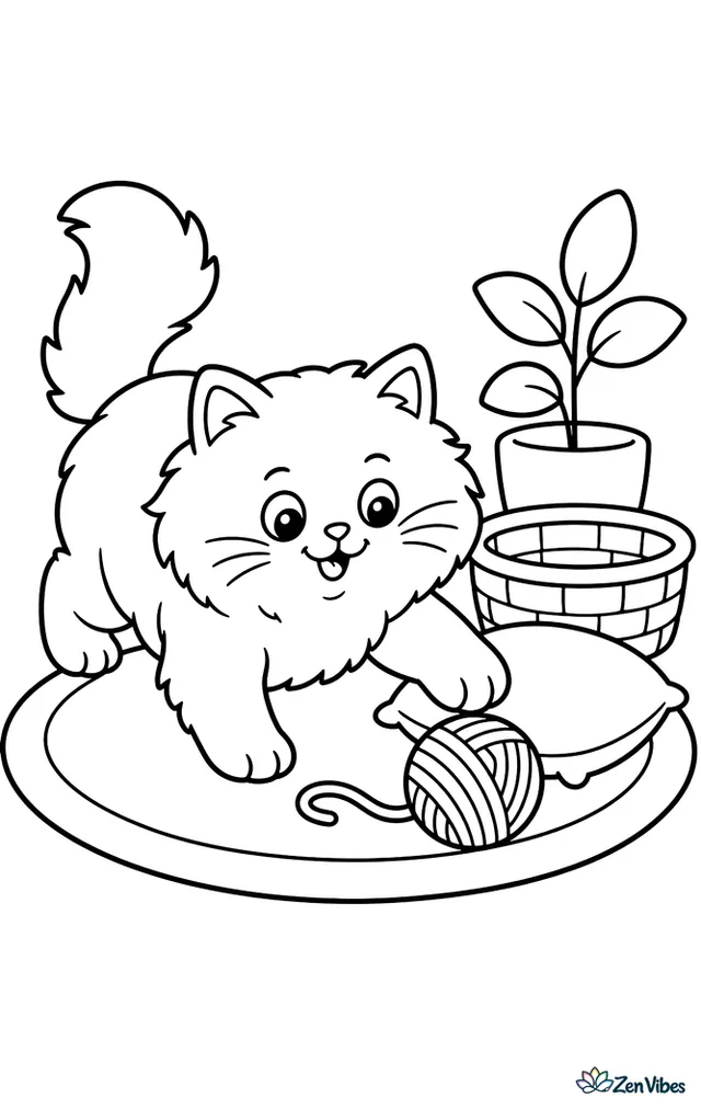 A fluffy Persian cat bats a ball of yarn across a round rug, with a low basket, soft pillow, sunny floorboards, and a simple houseplant nearby.