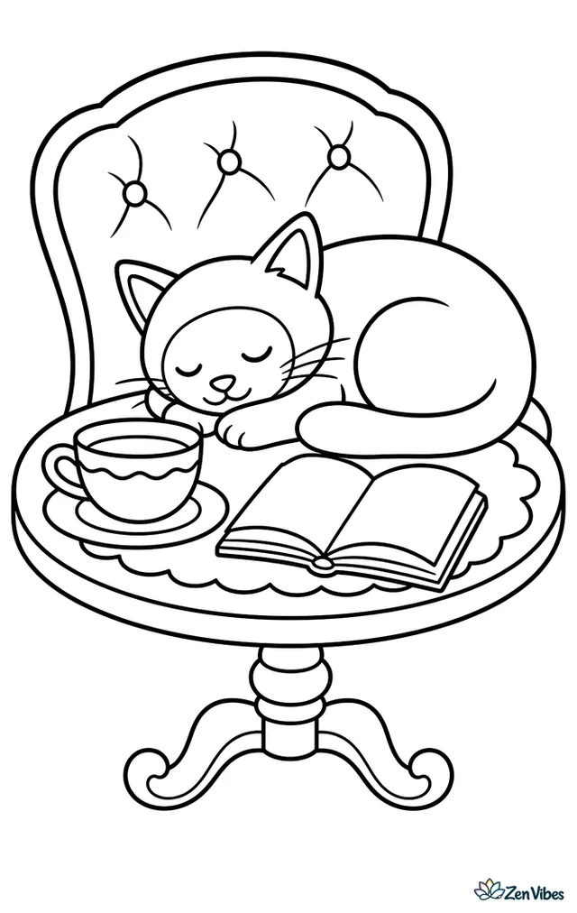 A Siamese cat naps curled beside a teacup on a small table, with a lace mat, open book, cushioned chair, and morning light through a nearby window.
