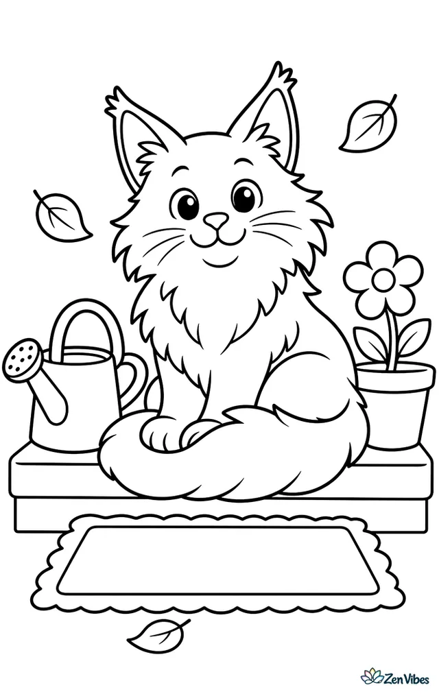 A Maine Coon cat lounges on a porch step, tail wrapped neatly, with a watering can, flowerpot, welcome mat, and a few fluttering leaves around it.