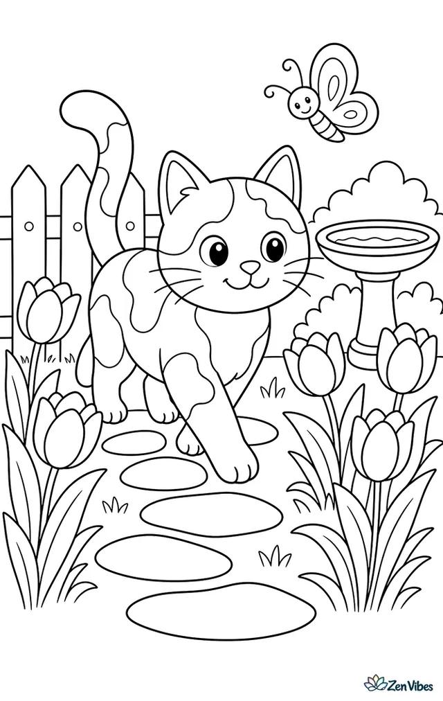 A calico cat strolls along a garden path between tulips, with stepping stones, a wooden fence, a butterfly above the flowers, and a small birdbath nearby.