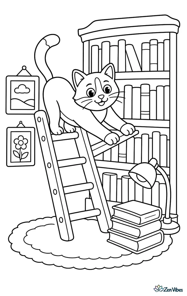 A tuxedo cat stretches on a library ladder beside a bookshelf, with stacked novels, a reading lamp, framed pictures, and a soft rug below.