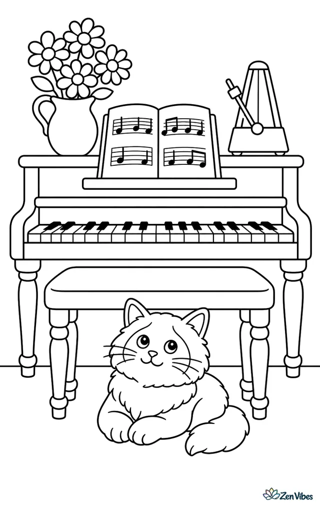 A ragdoll cat sits under a piano bench listening quietly, with sheet music overhead, a metronome, polished floor, and a vase of daisies on top.
