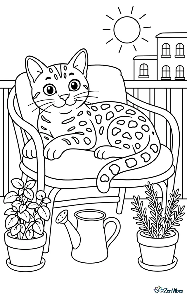 A spotted Bengal cat relaxes on a balcony chair in sunshine, with railing bars, potted herbs, a watering jug, and distant apartment windows behind.