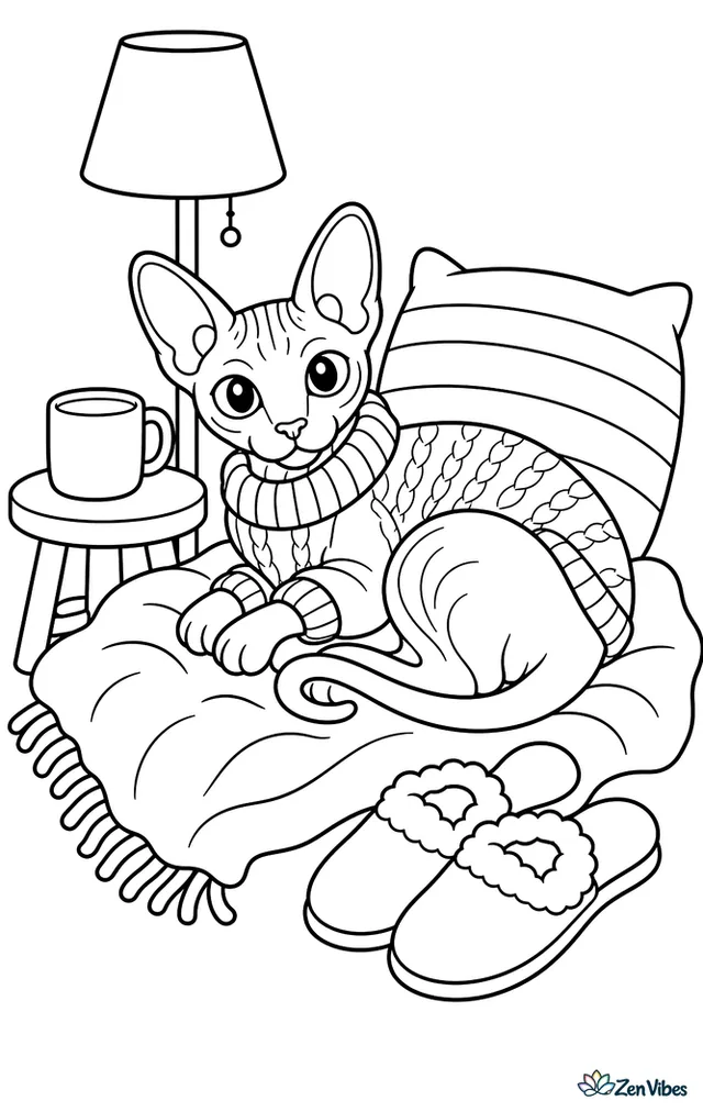 A Sphynx cat wearing a knitted sweater curls on a blanket, with a mug on a side table, striped cushion, floor lamp, and slippers nearby.