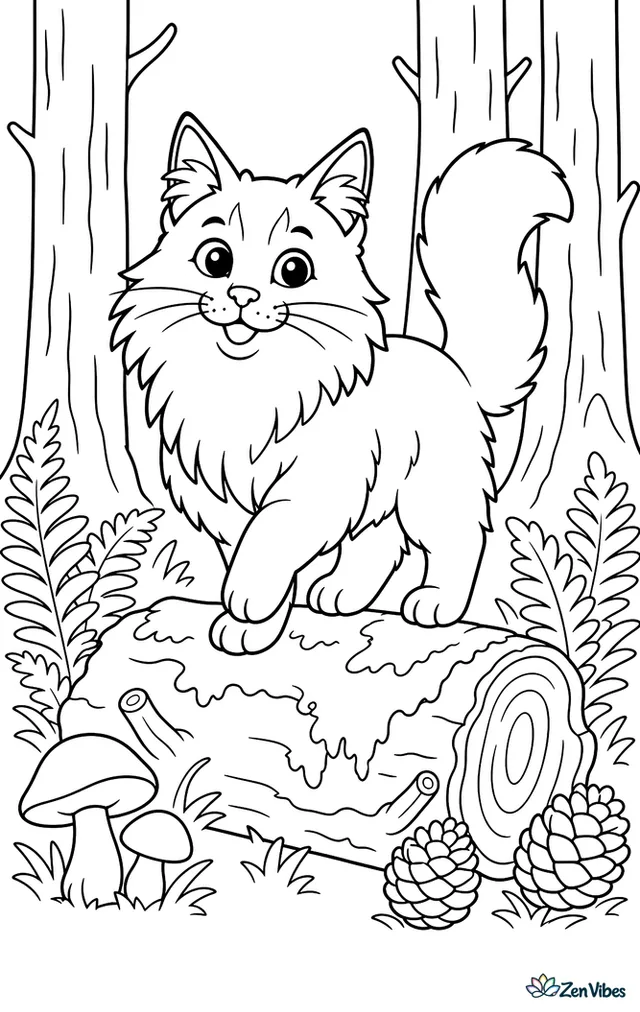 A Norwegian Forest cat balances on a mossy log in a woodland clearing, with ferns, mushrooms, pinecones, and tall tree trunks surrounding the path.