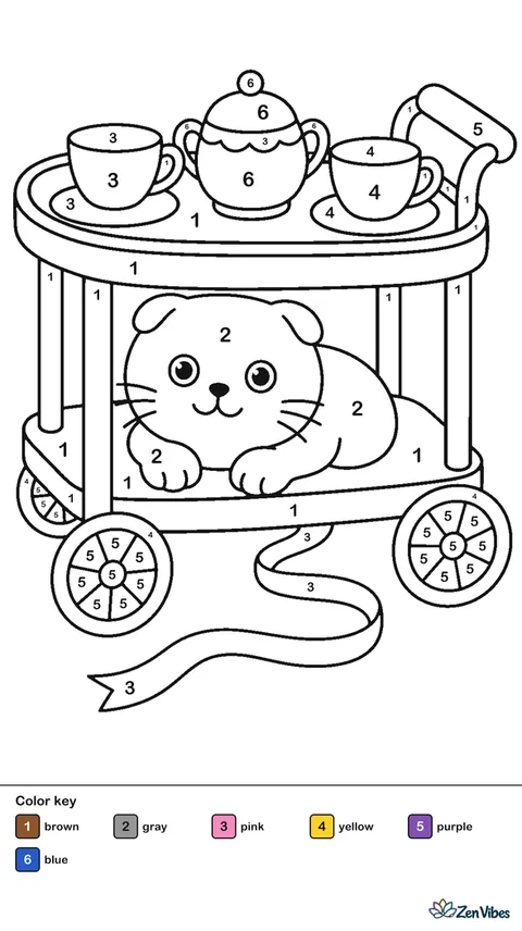 A Scottish Fold cat peeks from beneath a tea cart, with cups, a sugar bowl, rolling wheels, patterned tiles, and a trailing ribbon on the floor.