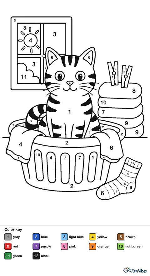 An American Shorthair cat sits inside a laundry basket, with folded towels, clothespins, a striped sock, and a sunny washing room window behind.