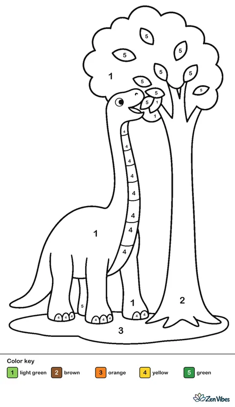 A long-necked dinosaur reaching up to eat leaves from a tall tree