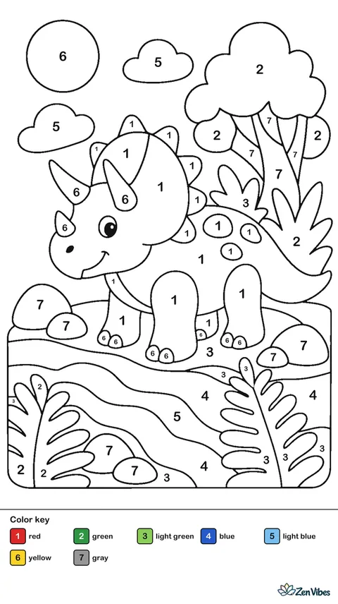 A three-horned dinosaur standing by a river with ferns and a few rocks