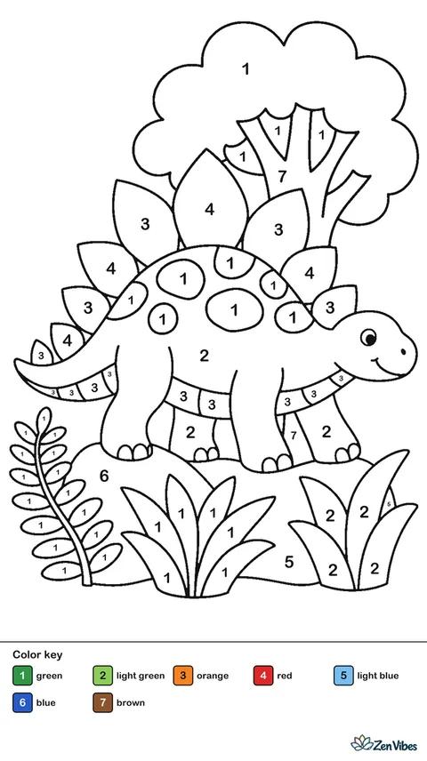 A dinosaur with big back plates walking among ferns with a tree behind