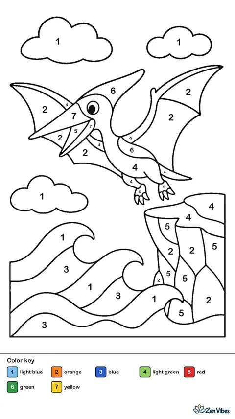A winged reptile flying over waves with a cliff and clouds