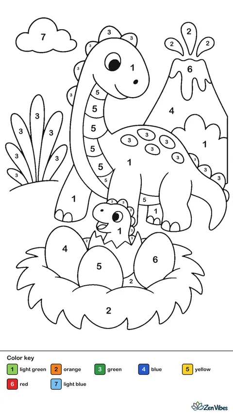 A mother dinosaur beside a nest with three eggs and one hatched baby