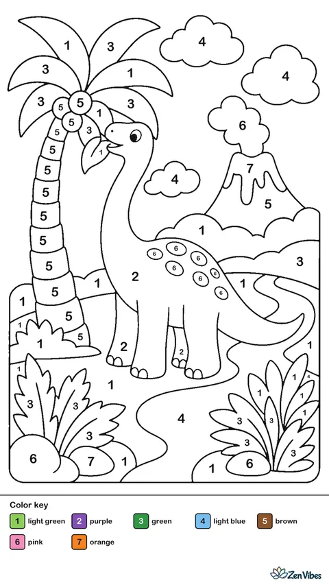 A long-necked dinosaur eating leaves from a tall palm-like tree, with green hills, a volcano with a little smoke, a river, ferns, and clouds