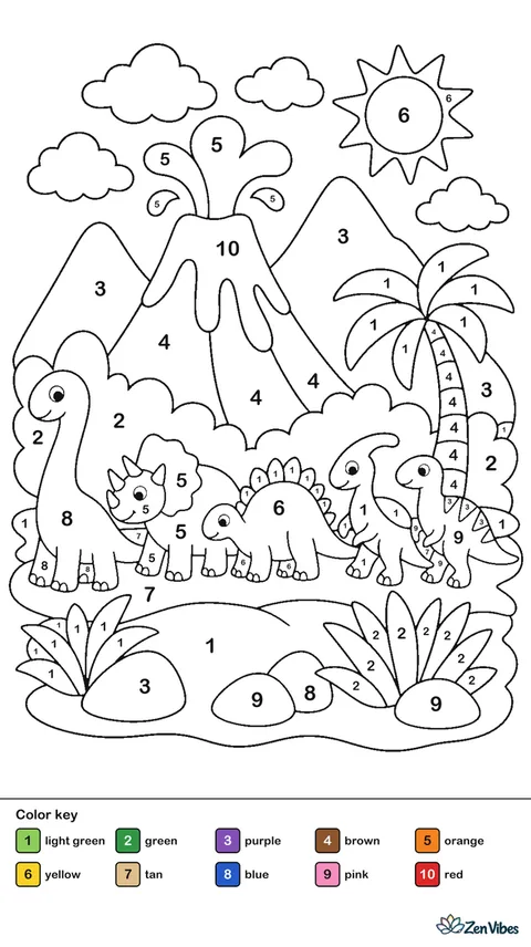 Five dinosaurs of different shapes walking in a line past a volcano
