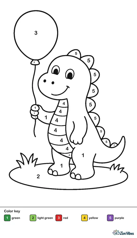 A small dinosaur holding a balloon on a string standing on grass