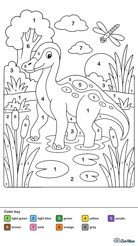 A duck-billed dinosaur wading in a swamp with reeds, a setting sun, and a dragonfly