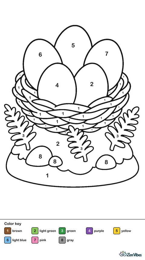A nest of five spotted eggs on a mound with a few ferns