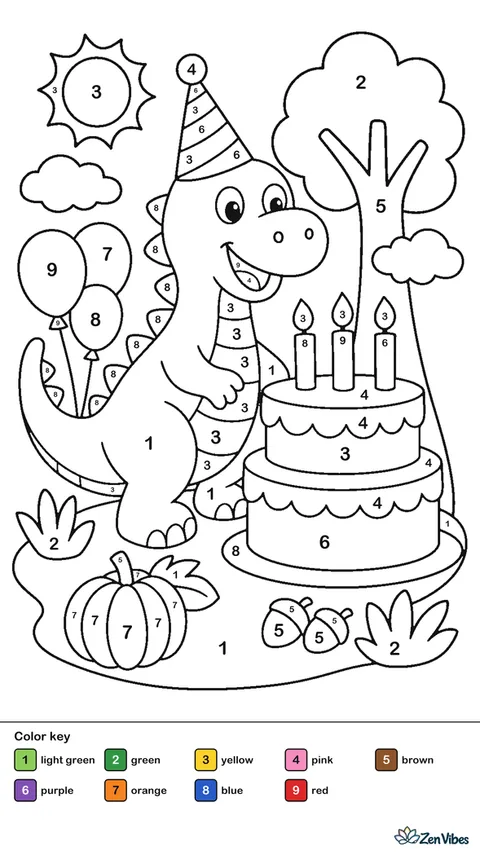A dinosaur wearing a party hat next to a cake with candles