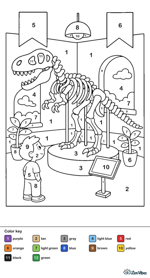 A dinosaur skeleton on a museum stand with a child looking up at it and a sign