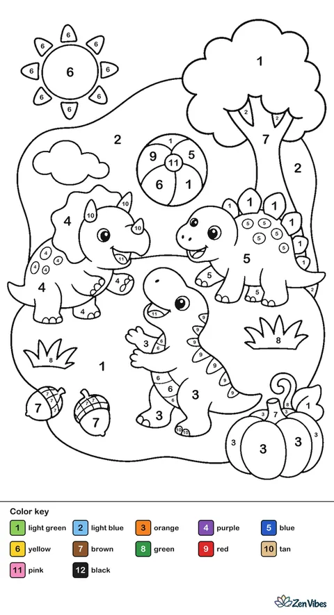 Three baby dinosaurs playing with a ball on grass with a small tree