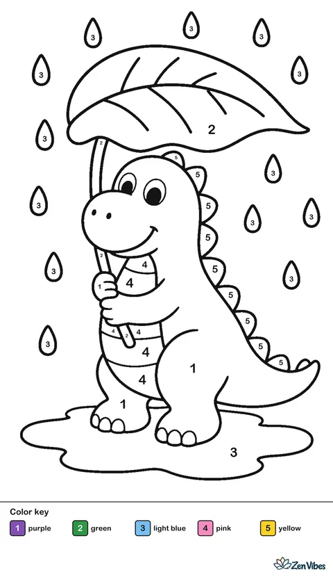 A dinosaur holding a big leaf as an umbrella while rain falls