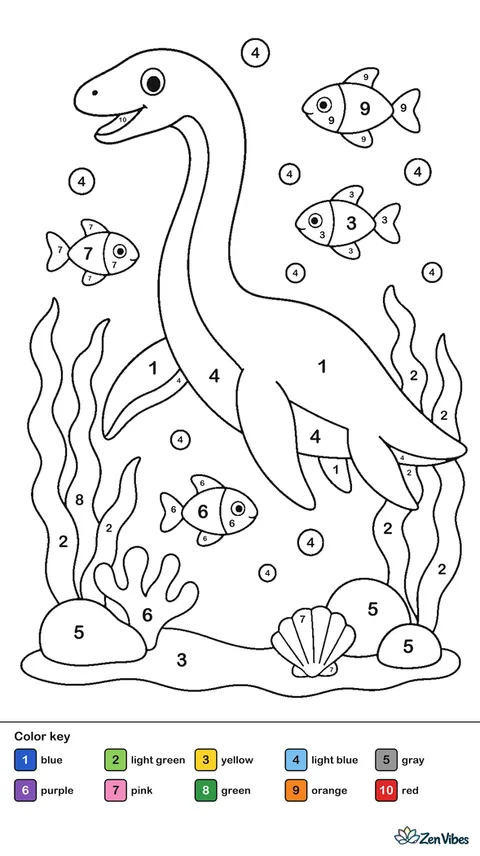 A long-necked sea reptile swimming among fish, seaweed, and bubbles