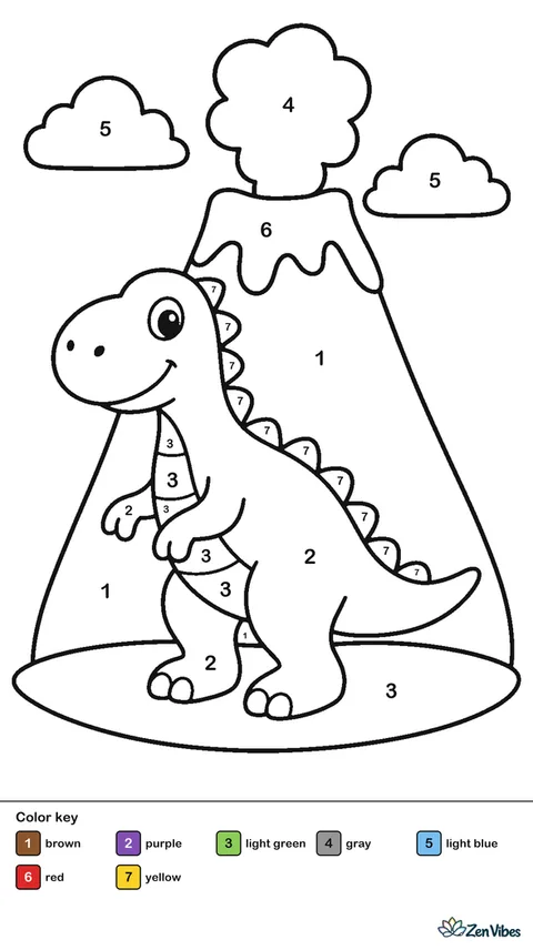 A dinosaur standing in front of a volcano with a puff of smoke and two clouds