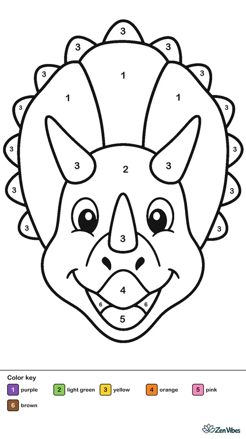 A big three-horned dinosaur face with a frill filling the page