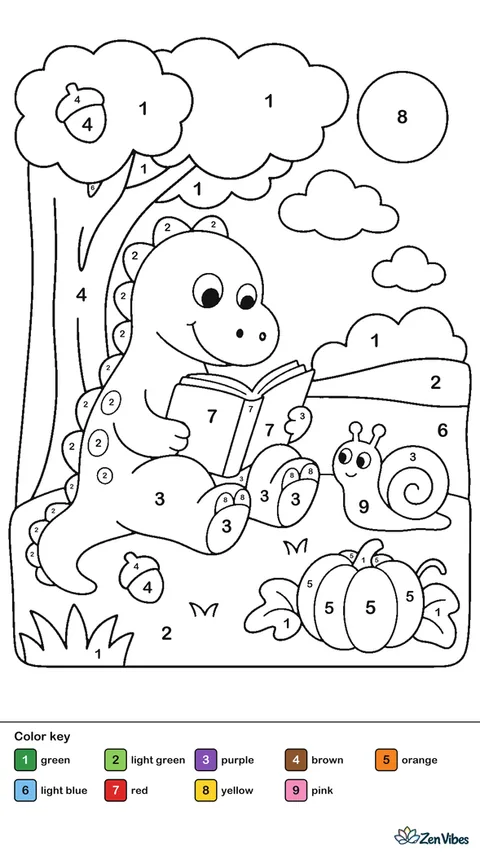 A dinosaur sitting under a tree reading a book with a snail nearby