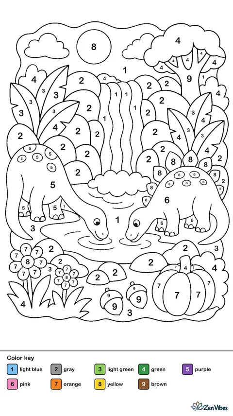 Two dinosaurs drinking from a pool below a waterfall with big leaves and rocks