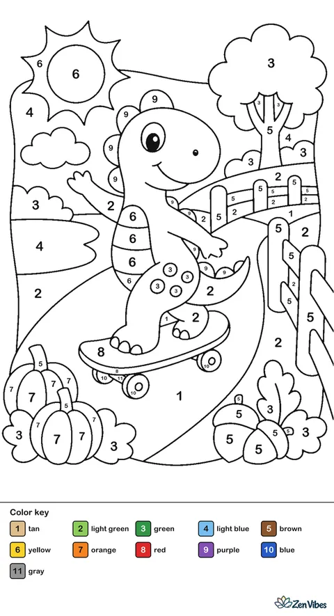 A small dinosaur riding a skateboard down a path with a fence