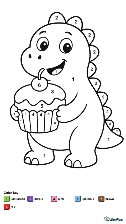 A round dinosaur holding a big cupcake with a cherry