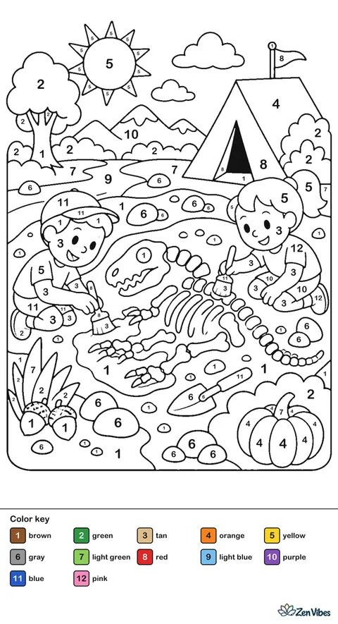 Two children with brushes uncovering a dinosaur skeleton in a dig site with a tent