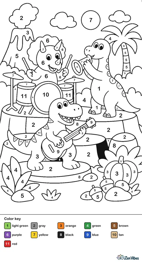 Three dinosaurs playing a drum, a guitar, and a horn on a stage of rocks