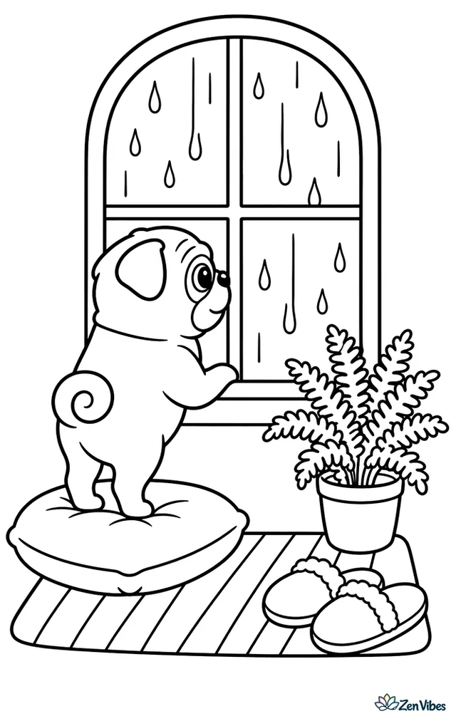 A pug stands on a cushion by a tall window, watching raindrops slide down the glass, with a potted fern, striped rug, and cozy slippers nearby.