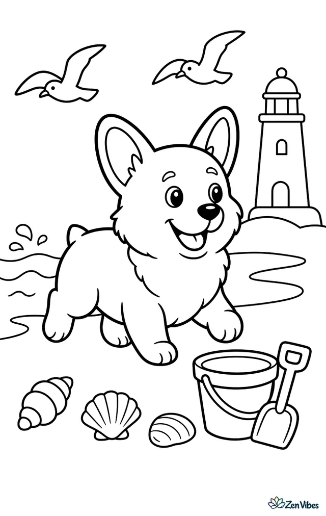 A Pembroke Welsh corgi walks along the beach near gentle waves, seashells, and a sand bucket, while seagulls glide above and a lighthouse stands in the distance.