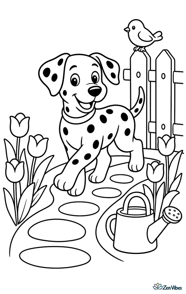 A Dalmatian trots along a curved garden path lined with tulips, stepping stones, and a watering can, while a small bird rests on a white picket fence.