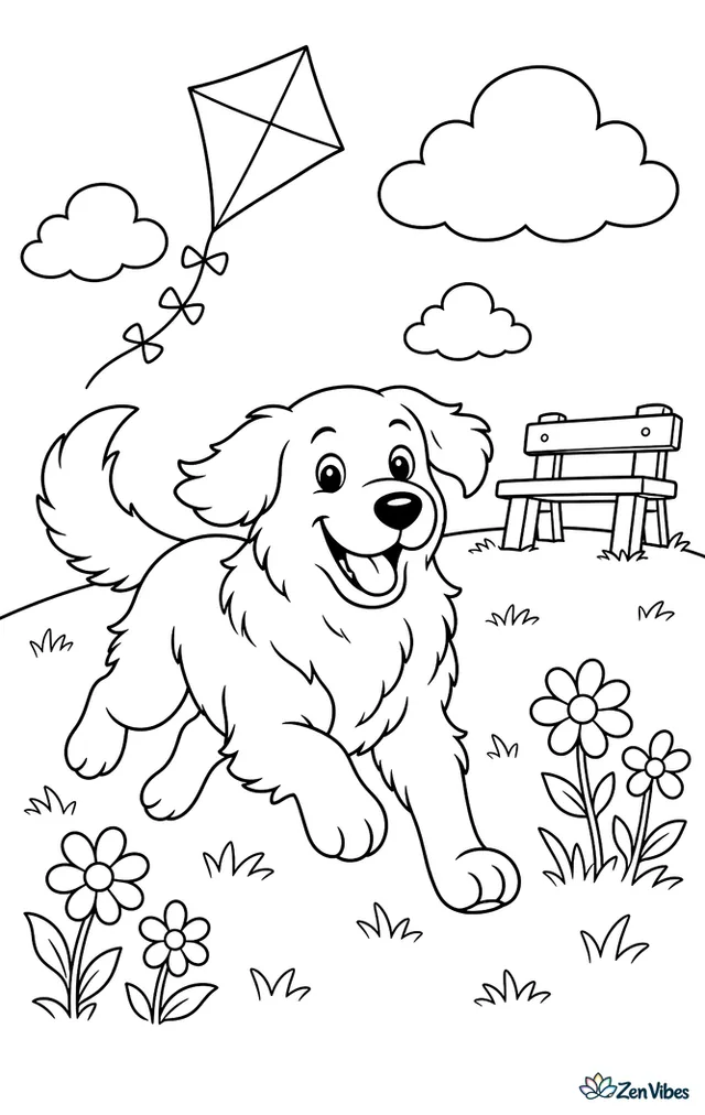 A golden retriever runs through a grassy hill as a kite floats overhead, with wildflowers, puffy clouds, and a wooden bench overlooking the open field.