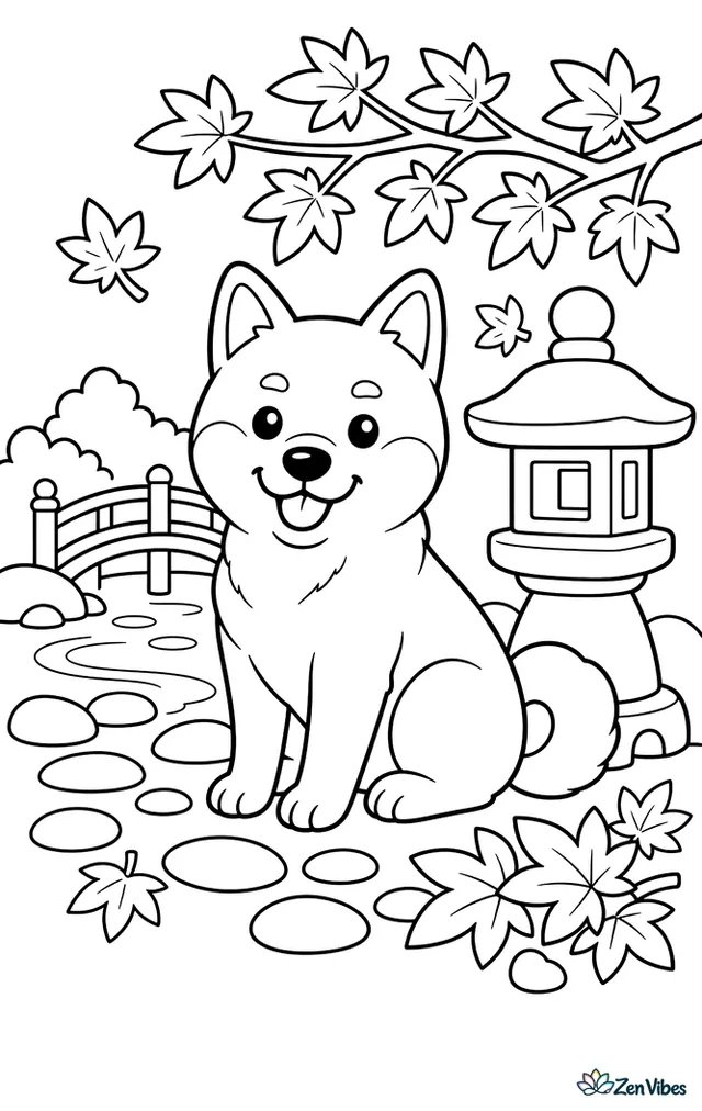 A Shiba Inu sits beside a stone lantern in a tea garden, surrounded by maple leaves, smooth pebbles, a small bridge, and ripples across a quiet pond.